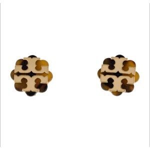 Tory Burch Gold Tortoise Double T Logo Flower Stud Earrings